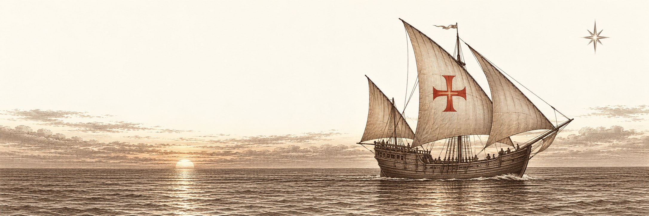 Engraving of a caravel with the Cross of the Order of Christ on its mainsail, sailing at dusk toward a guiding star