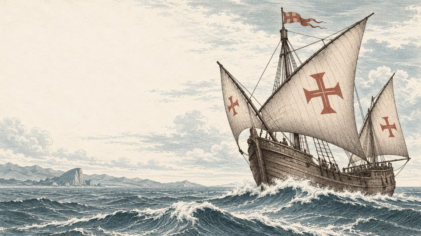 Engraving of a caravel under full sail